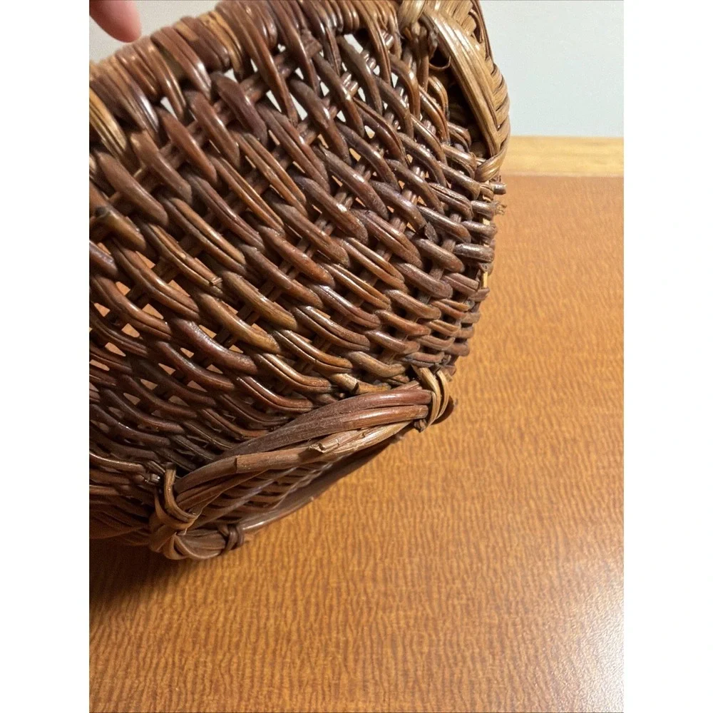 Vtg Woven Wooden Gathering Basket Arched Handle 7